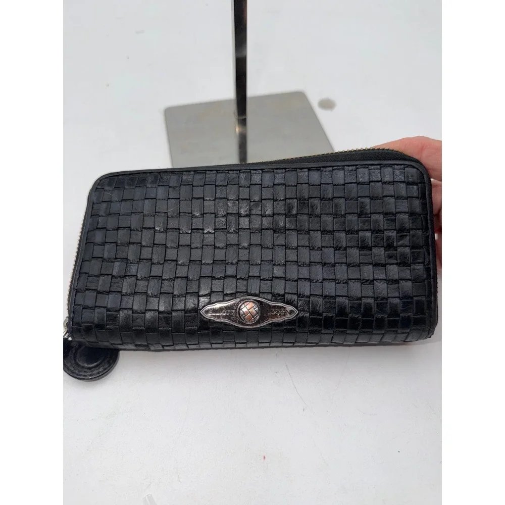 Elliott Lucca Black Woven Leather Zip Around Wallet with Exterior Pocket